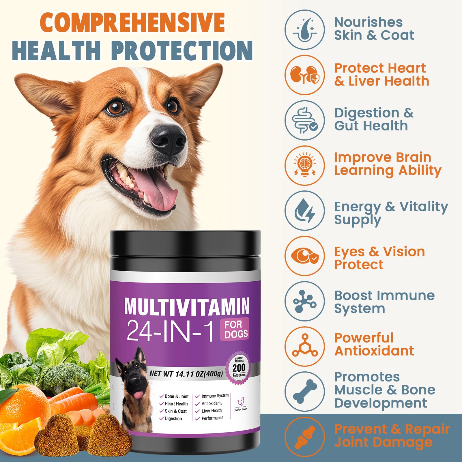 24-in-1 Daily Dog Multivitamin Chews – Complete Support for Joints, Gut, Skin & Overall Health